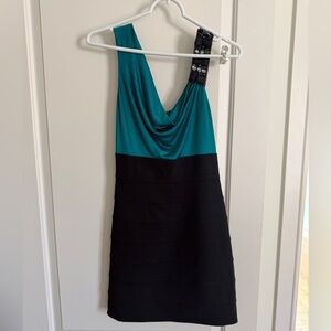One-Shoulder Teal and Black Evening Dress with Embellished Strap